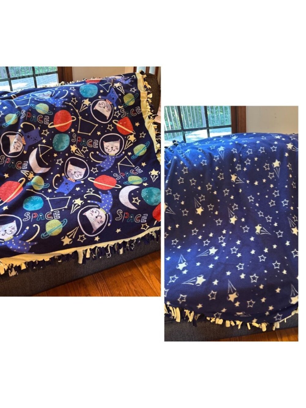 Astronaut Space Kitty Cat Plush Throw Blanket Blue & Yellow W/stars side 53"x38”
